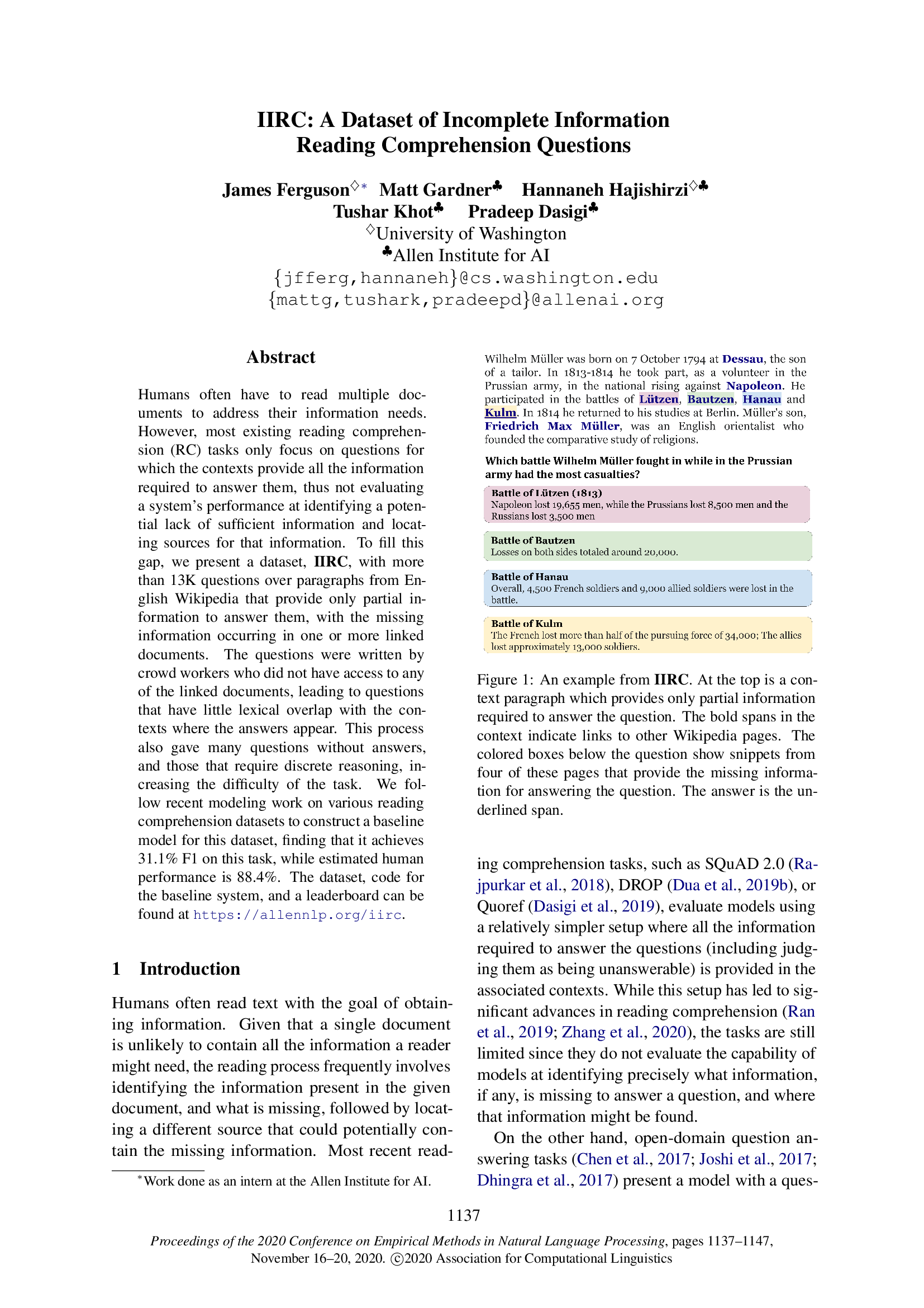 IIRC: A Dataset of Incomplete Information Reading Comprehension Questions