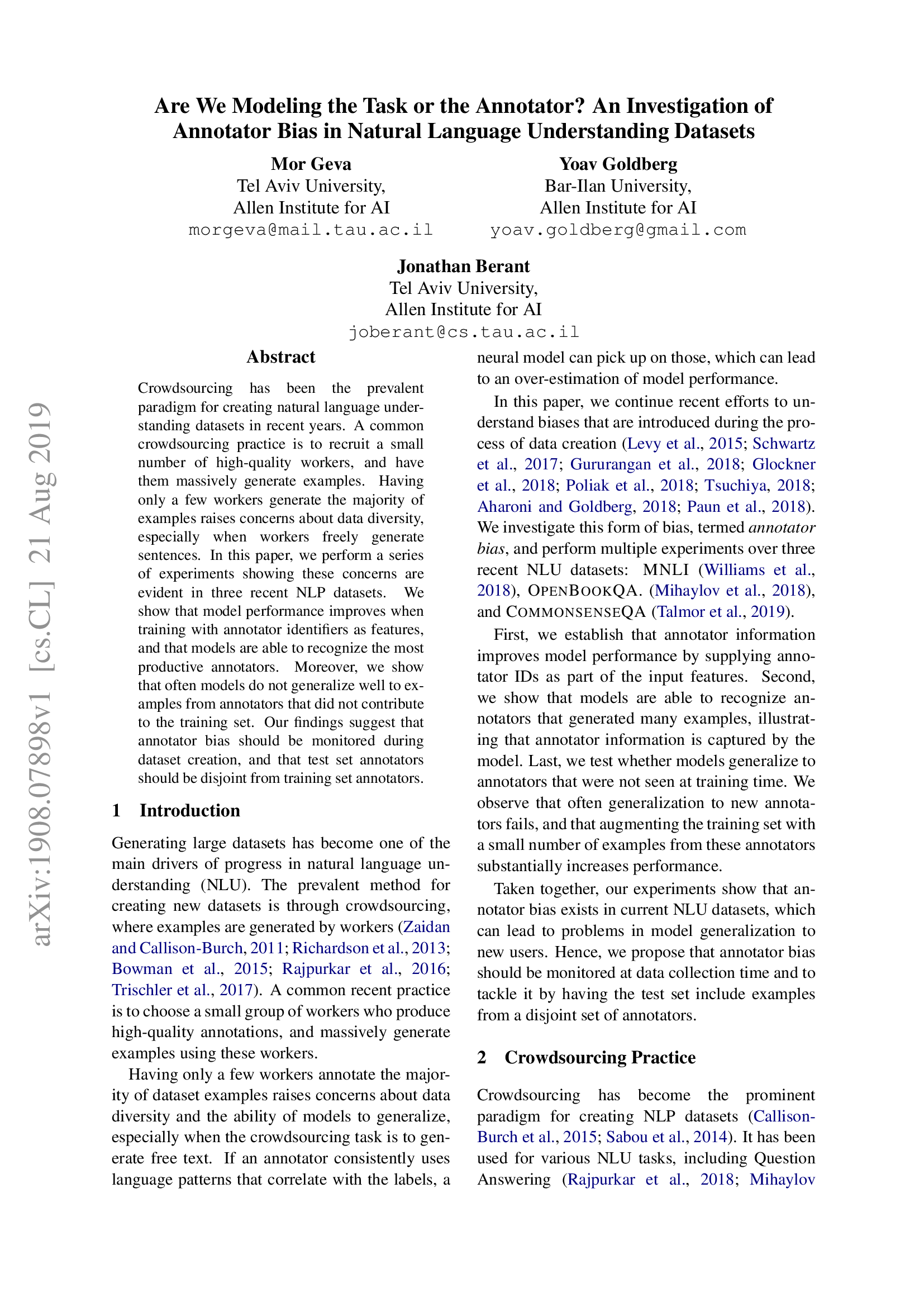 Are We Modeling the Task or the Annotator? An Investigation of Annotator Bias in Natural Language Understanding Datasets