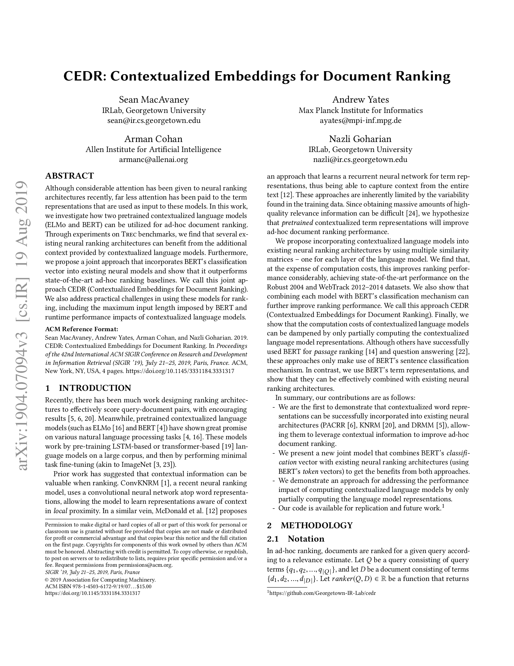 CEDR: Contextualized Embeddings for Document Ranking