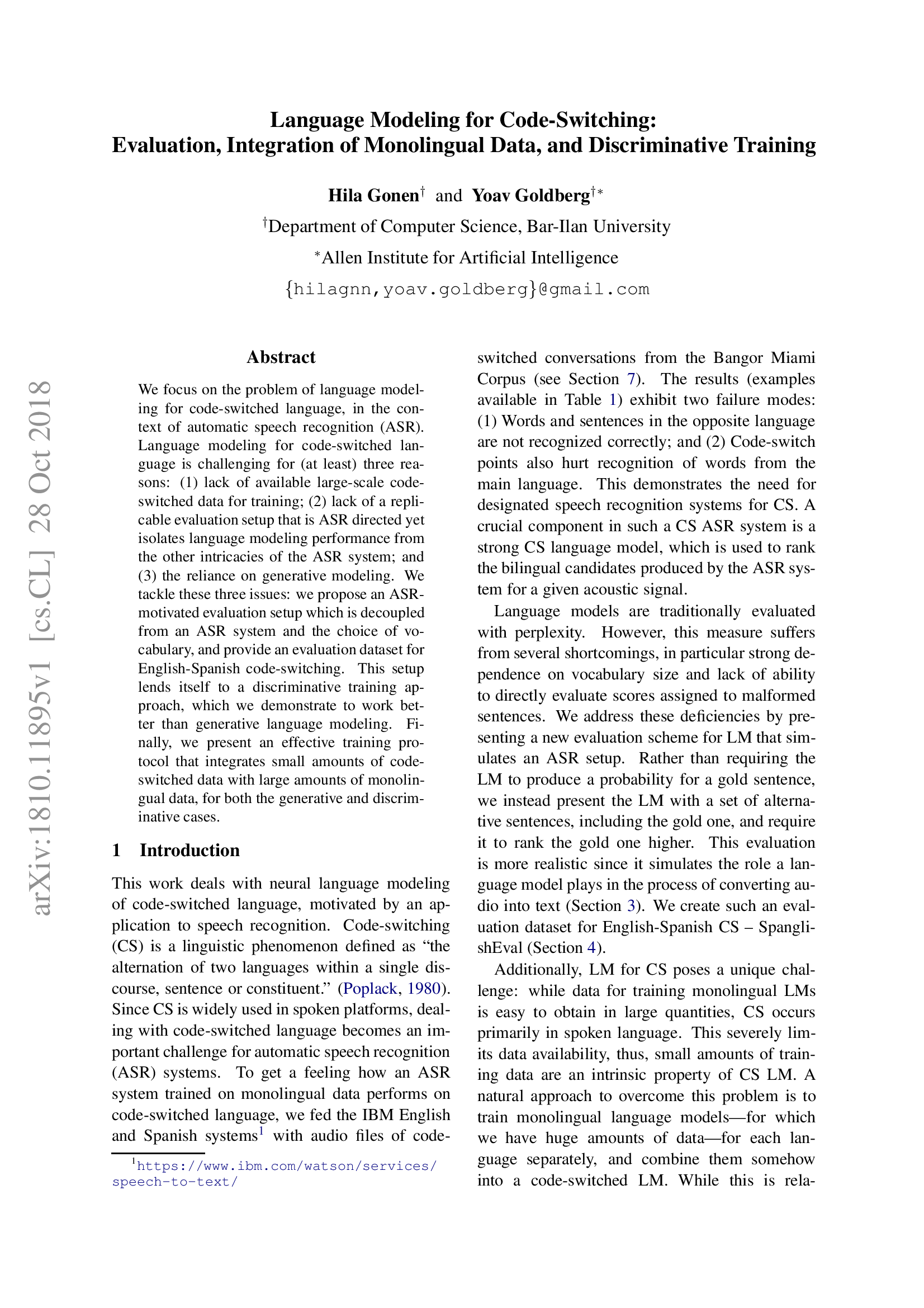 Language Modeling for Code-Switching: Evaluation, Integration of Monolingual Data, and Discriminative Training
