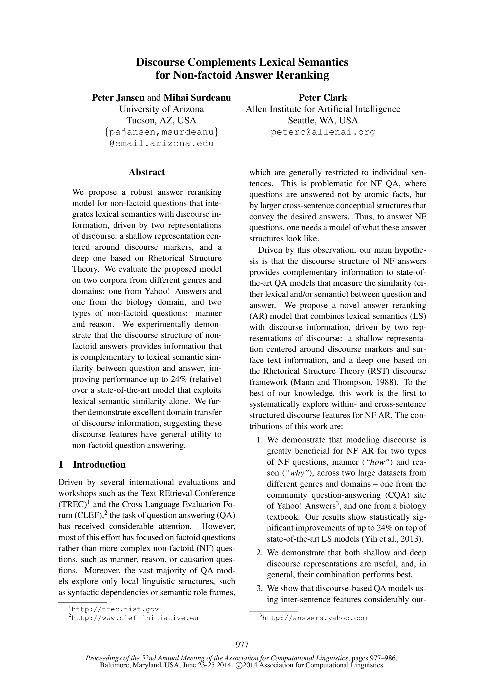 Discourse Complements Lexical Semantics for Non-factoid Answer Reranking