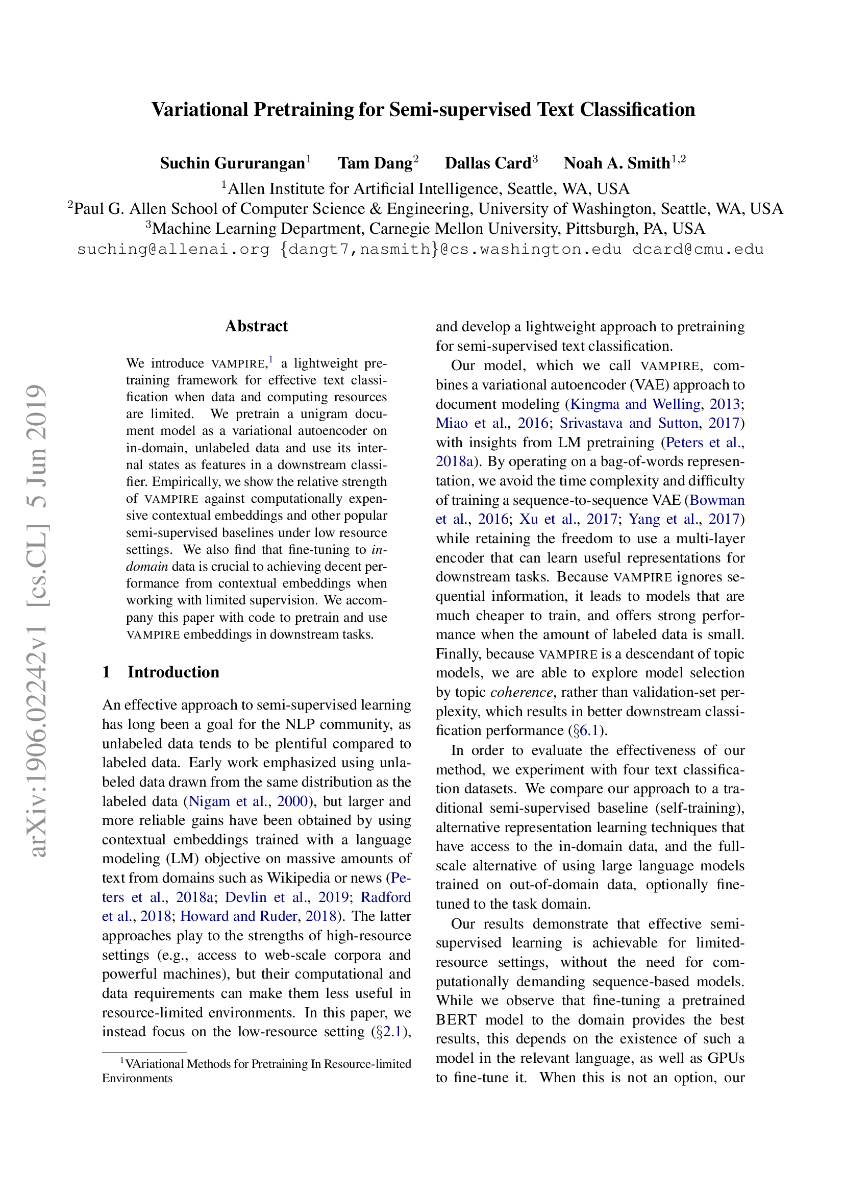 Variational Pretraining for Semi-supervised Text Classification