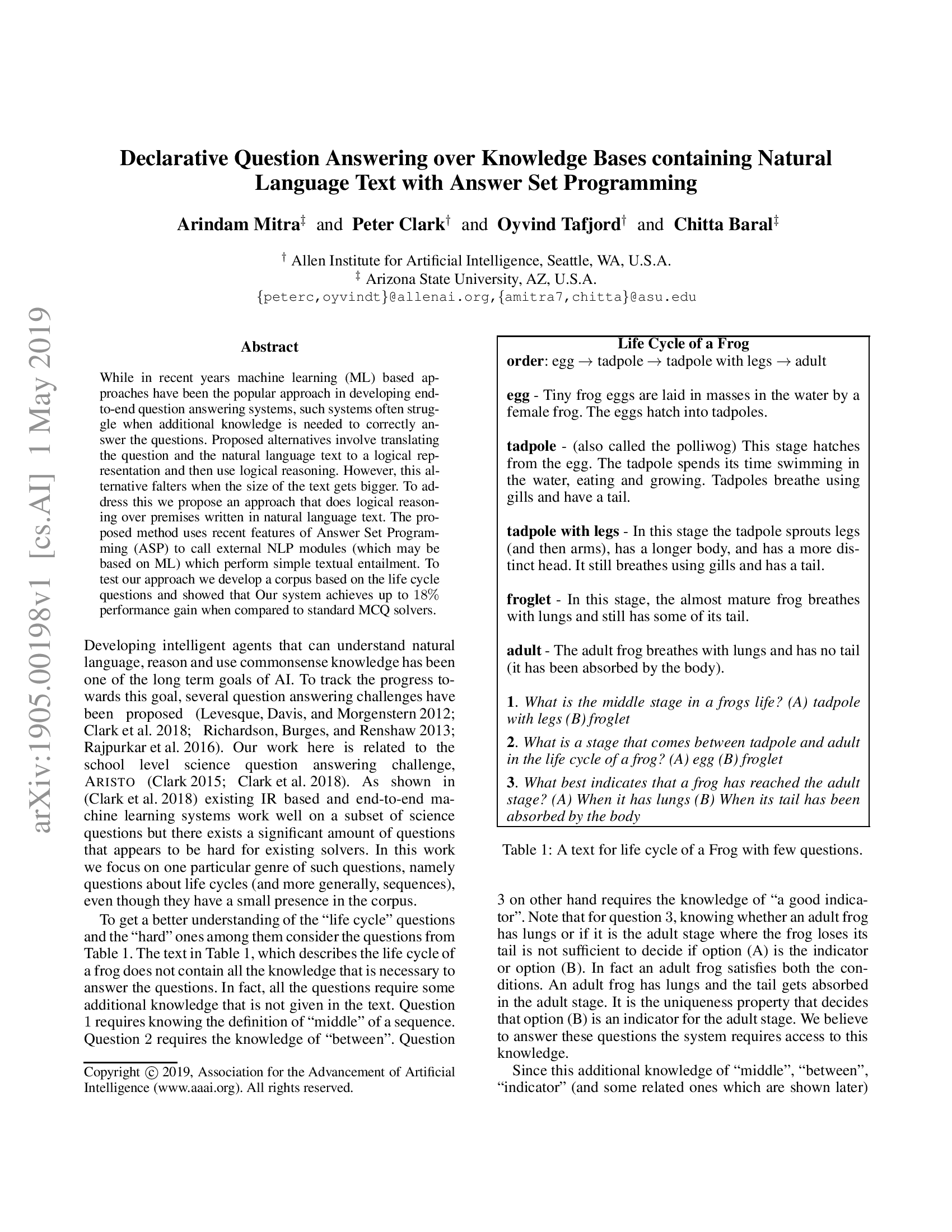 Declarative Question Answering over Knowledge Bases containing Natural Language Text with Answer Set Programming