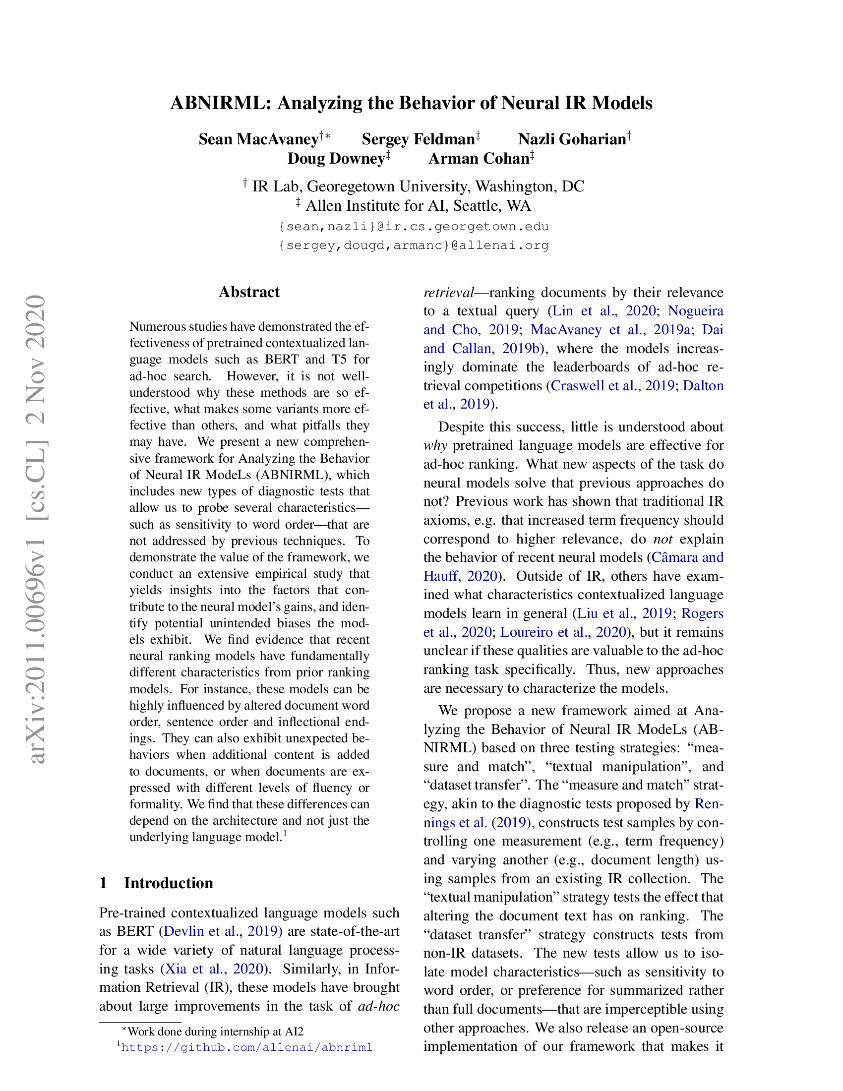 ABNIRML: Analyzing the Behavior of Neural IR Models