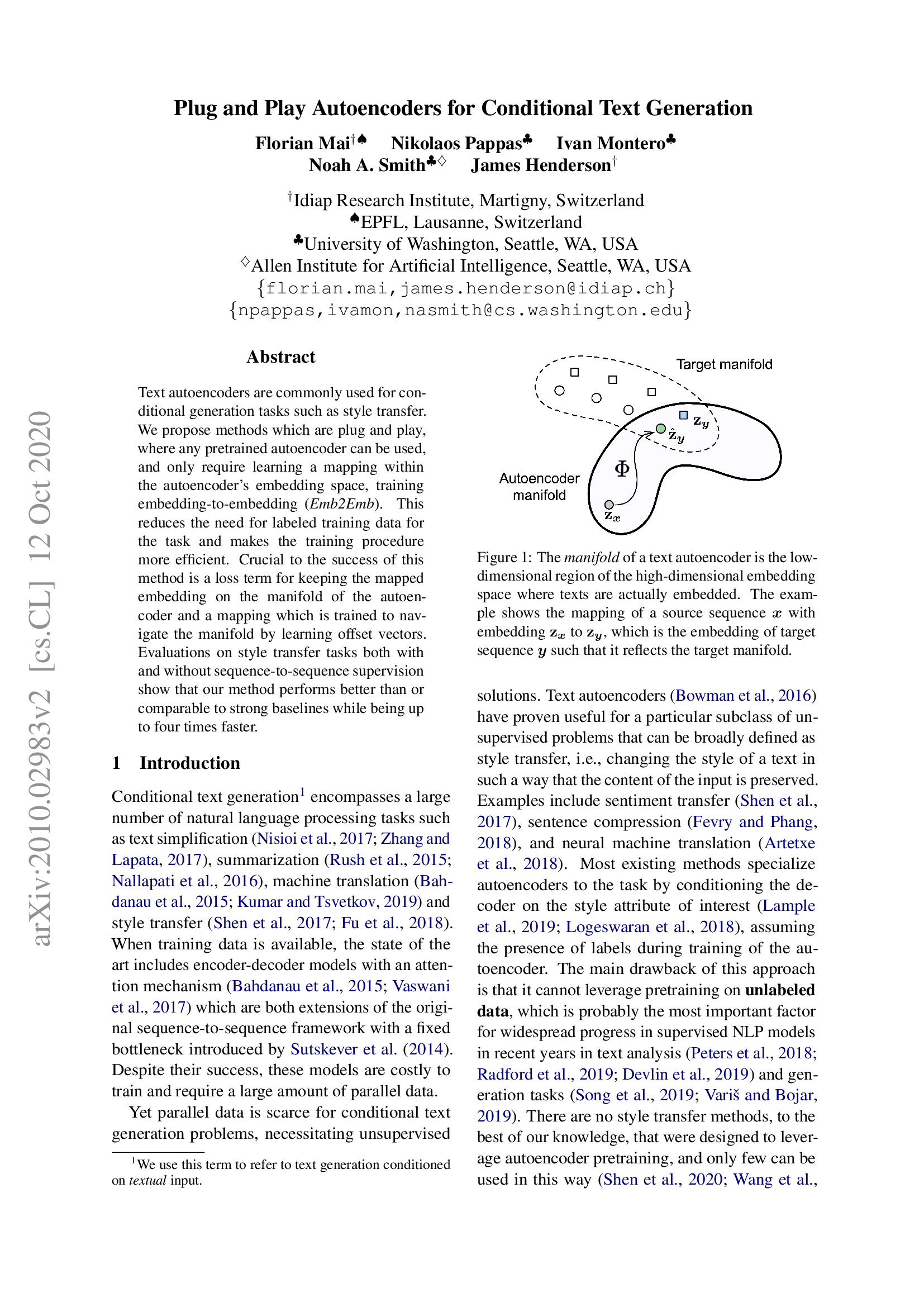 Plug and Play Autoencoders for Conditional Text Generation