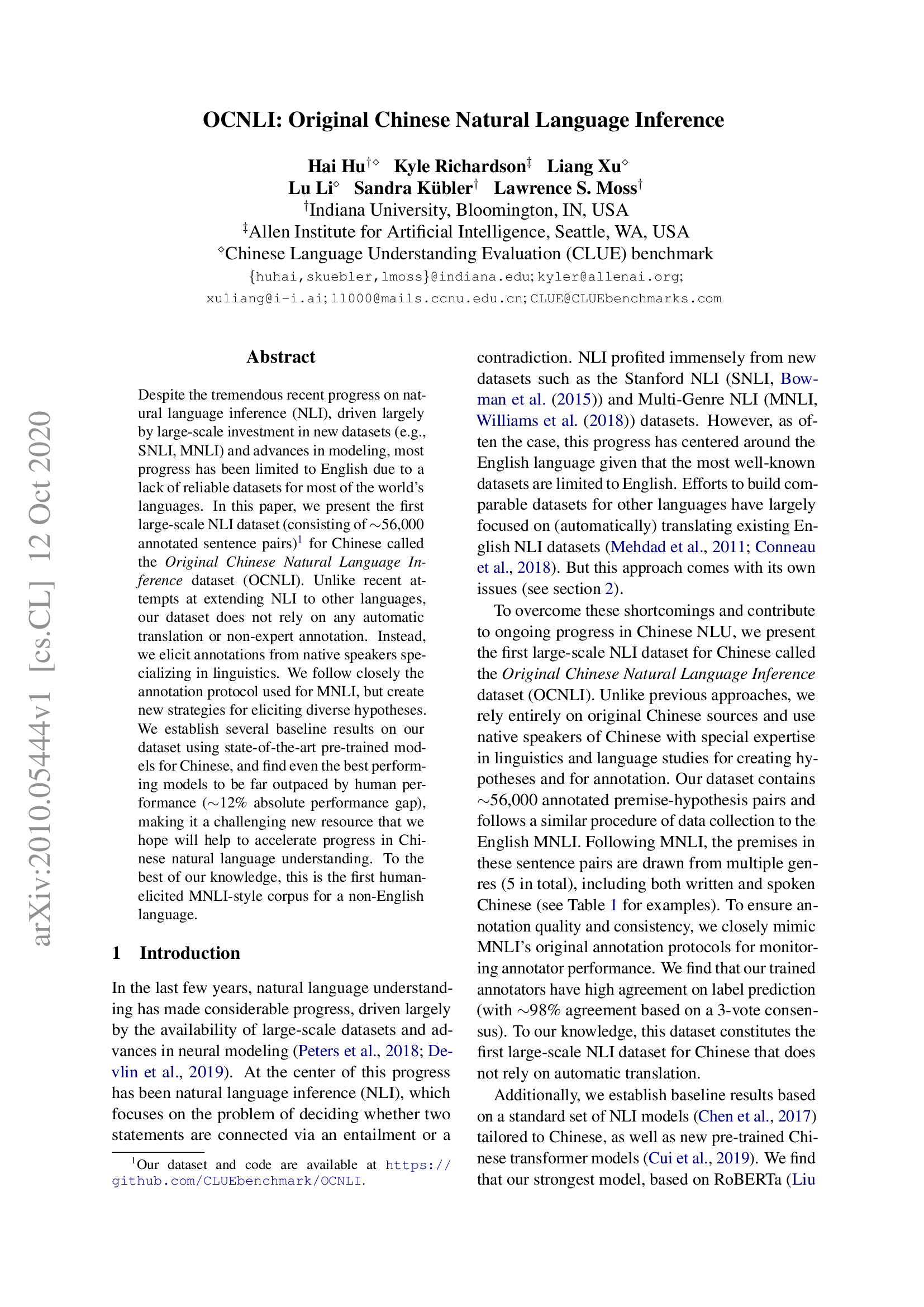 OCNLI: Original Chinese Natural Language Inference