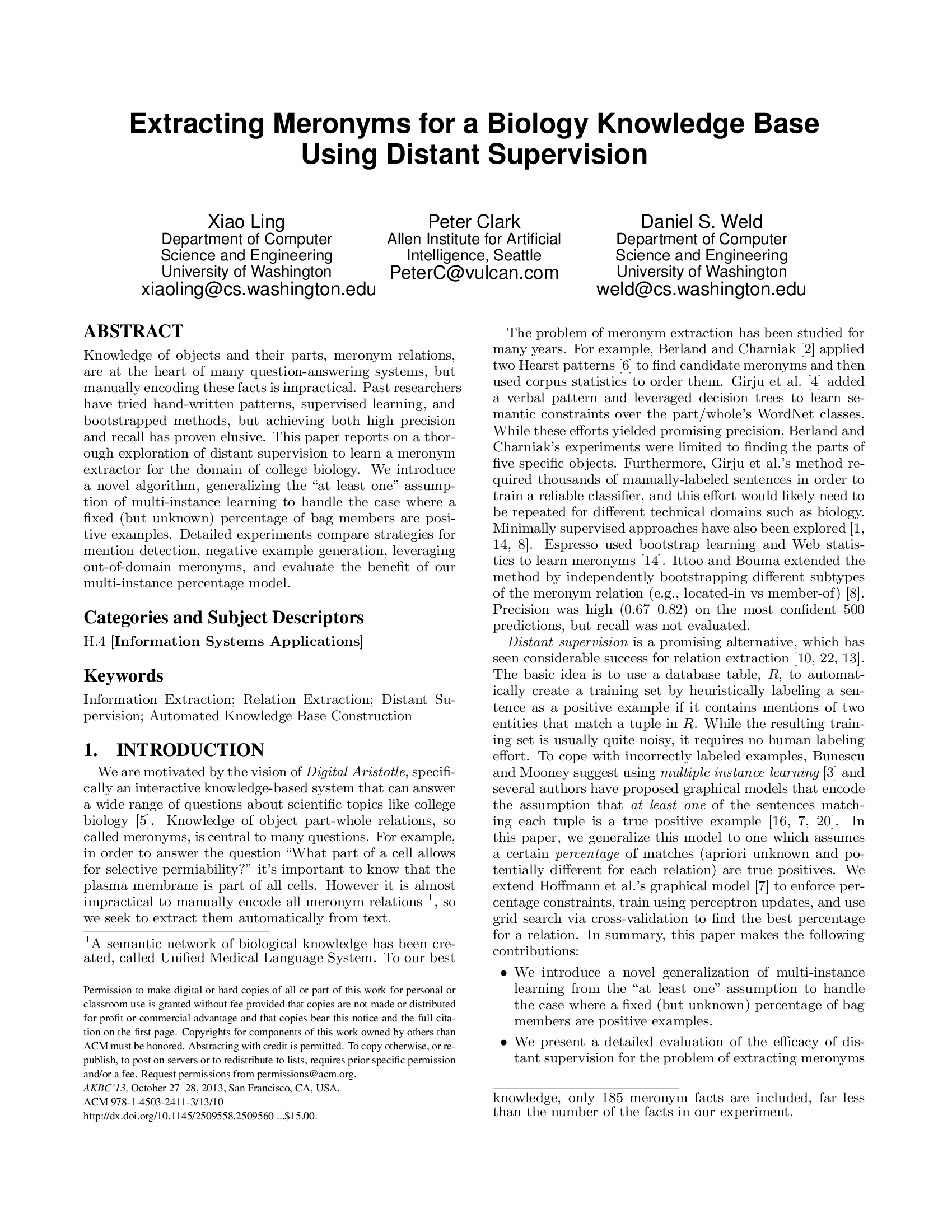 Extracting meronyms for a biology knowledge base using distant supervision