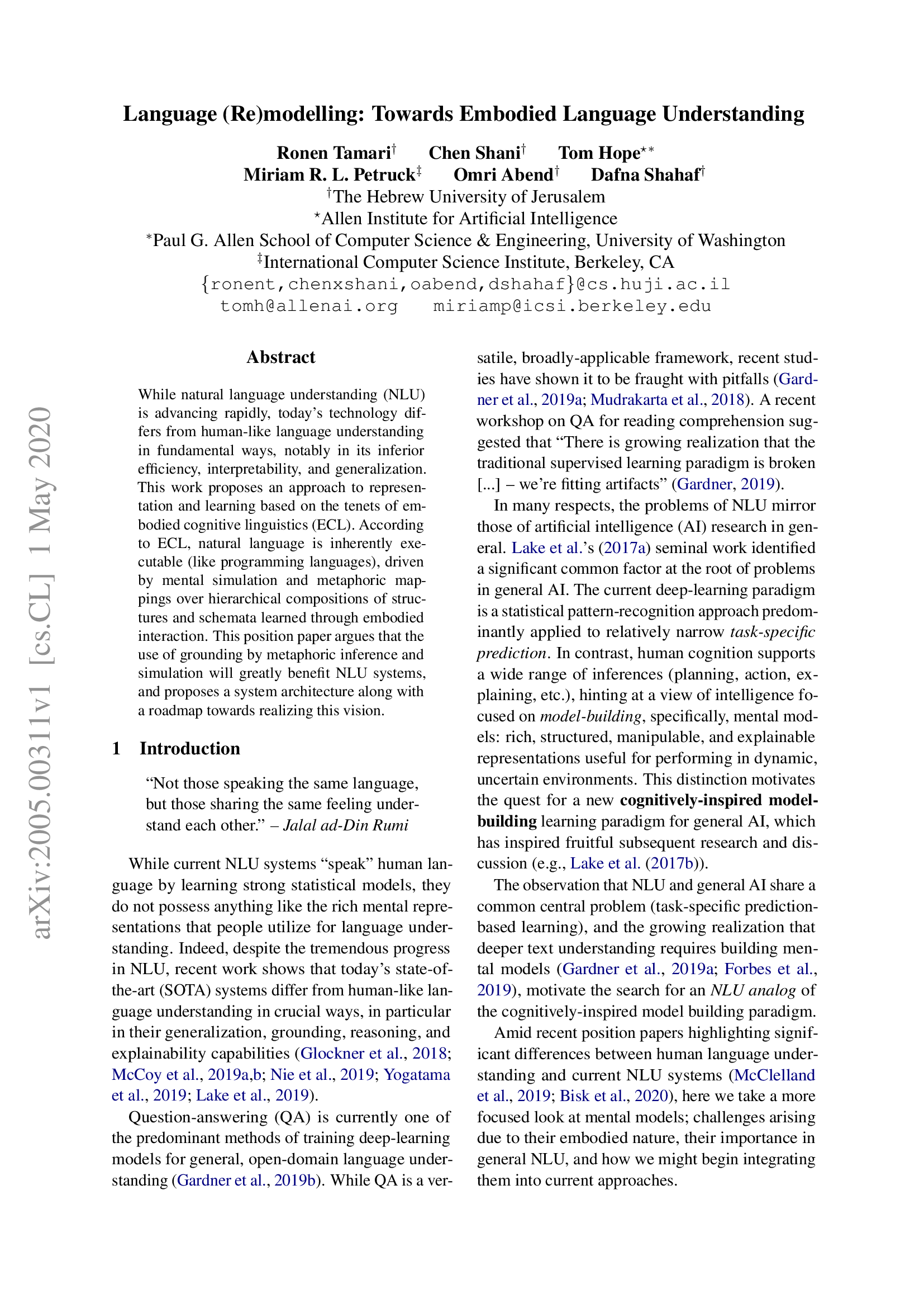 Language (Re)modelling: Towards Embodied Language Understanding