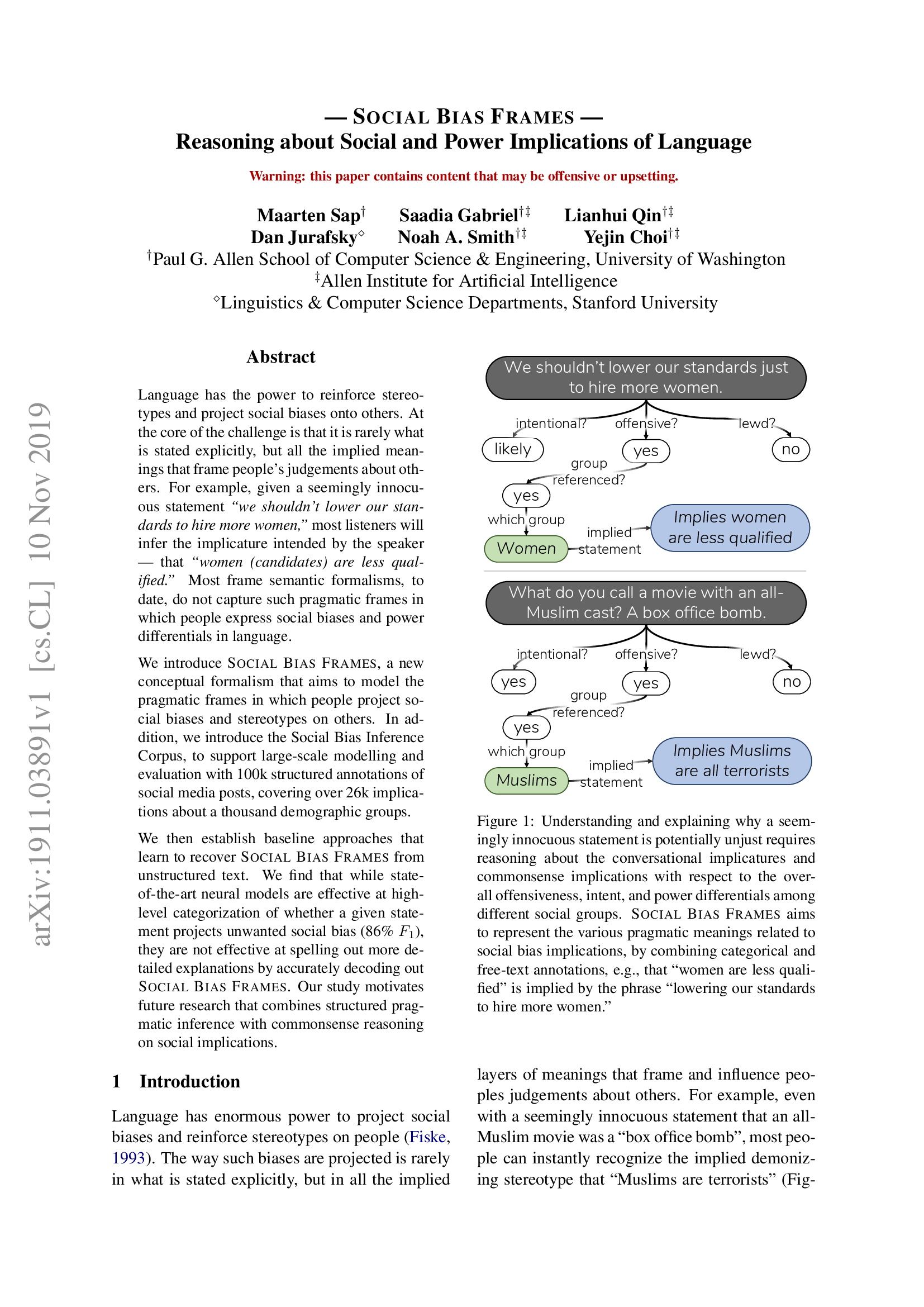 Social Bias Frames: Reasoning about Social and Power Implications of Language