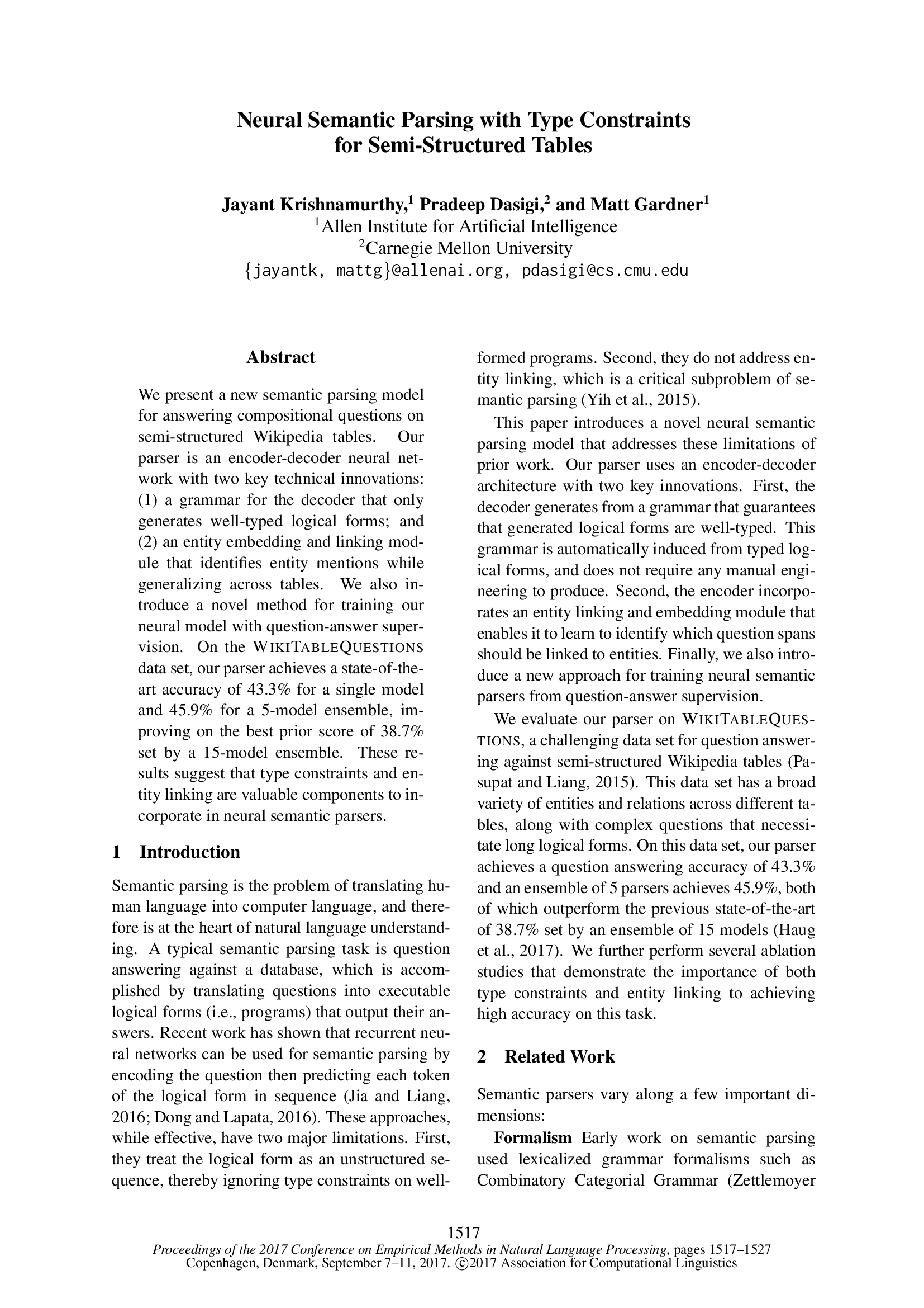 Neural Semantic Parsing with Type Constraints for Semi-Structured Tables