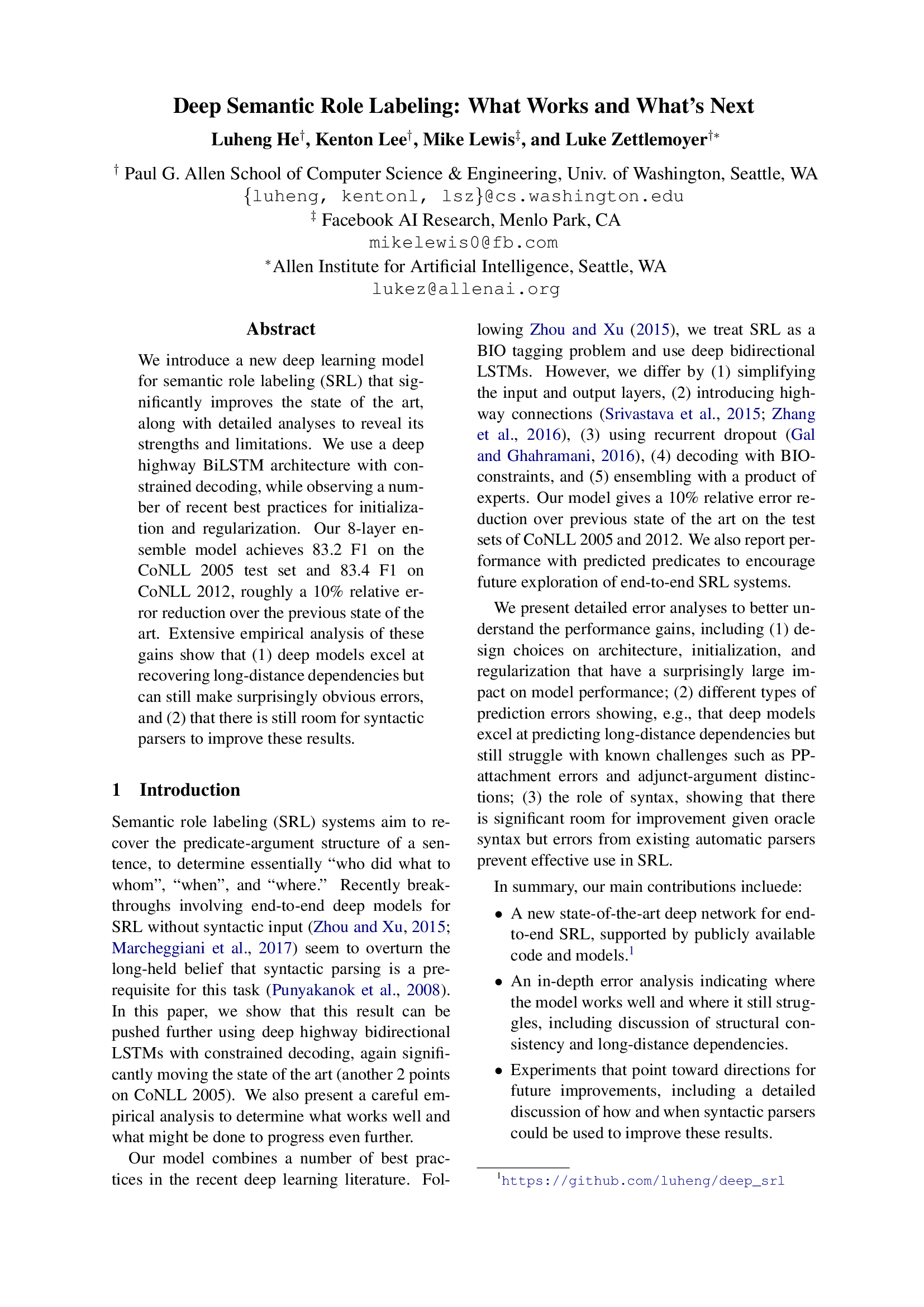 Deep Semantic Role Labeling: What Works and What's Next