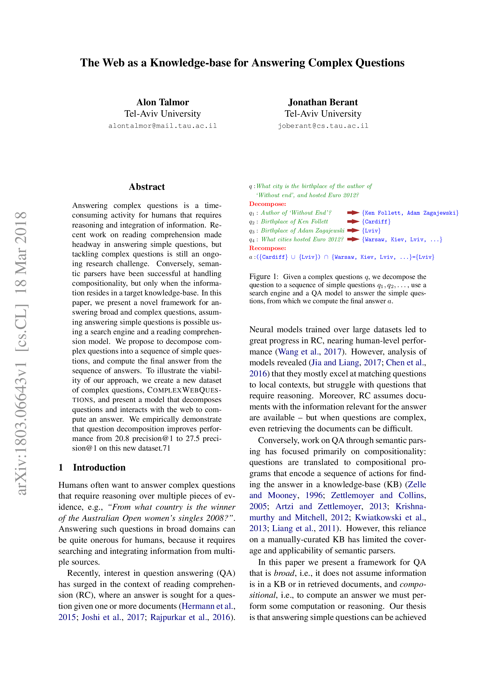 The Web as a Knowledge-Base for Answering Complex Questions