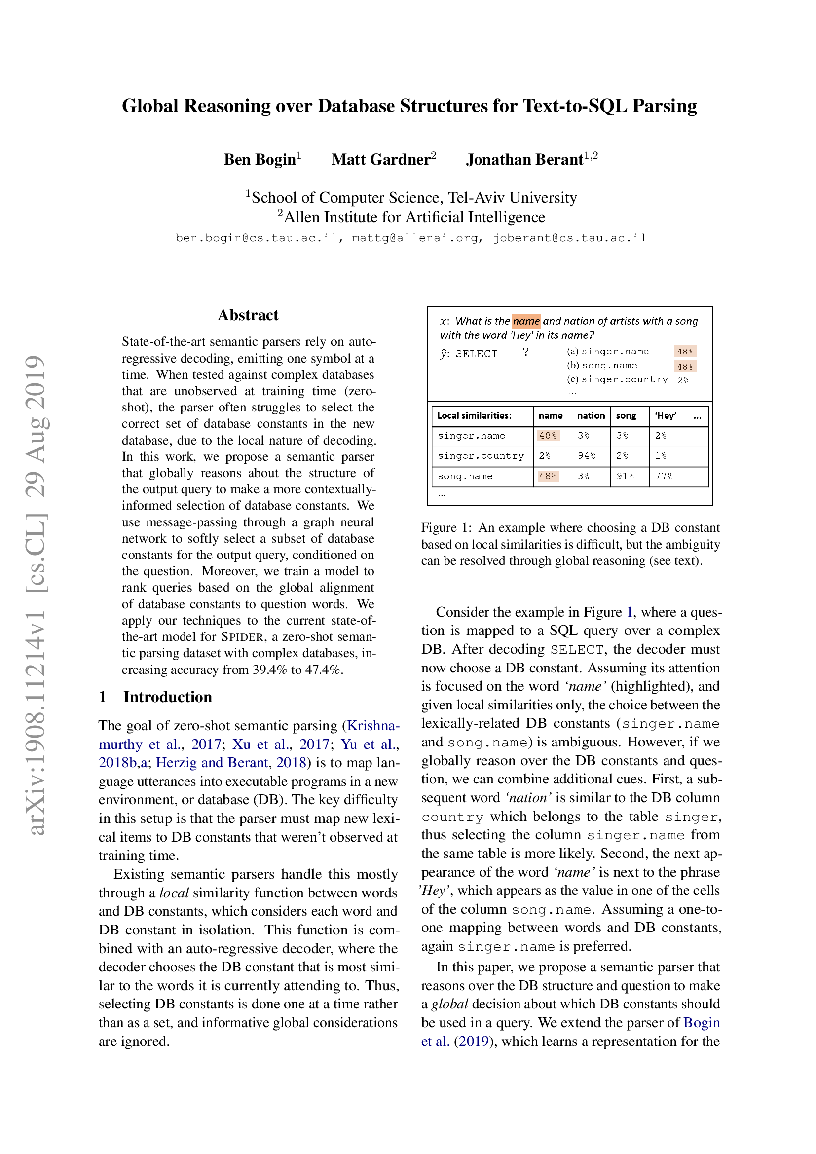 Global Reasoning over Database Structures for Text-to-SQL Parsing