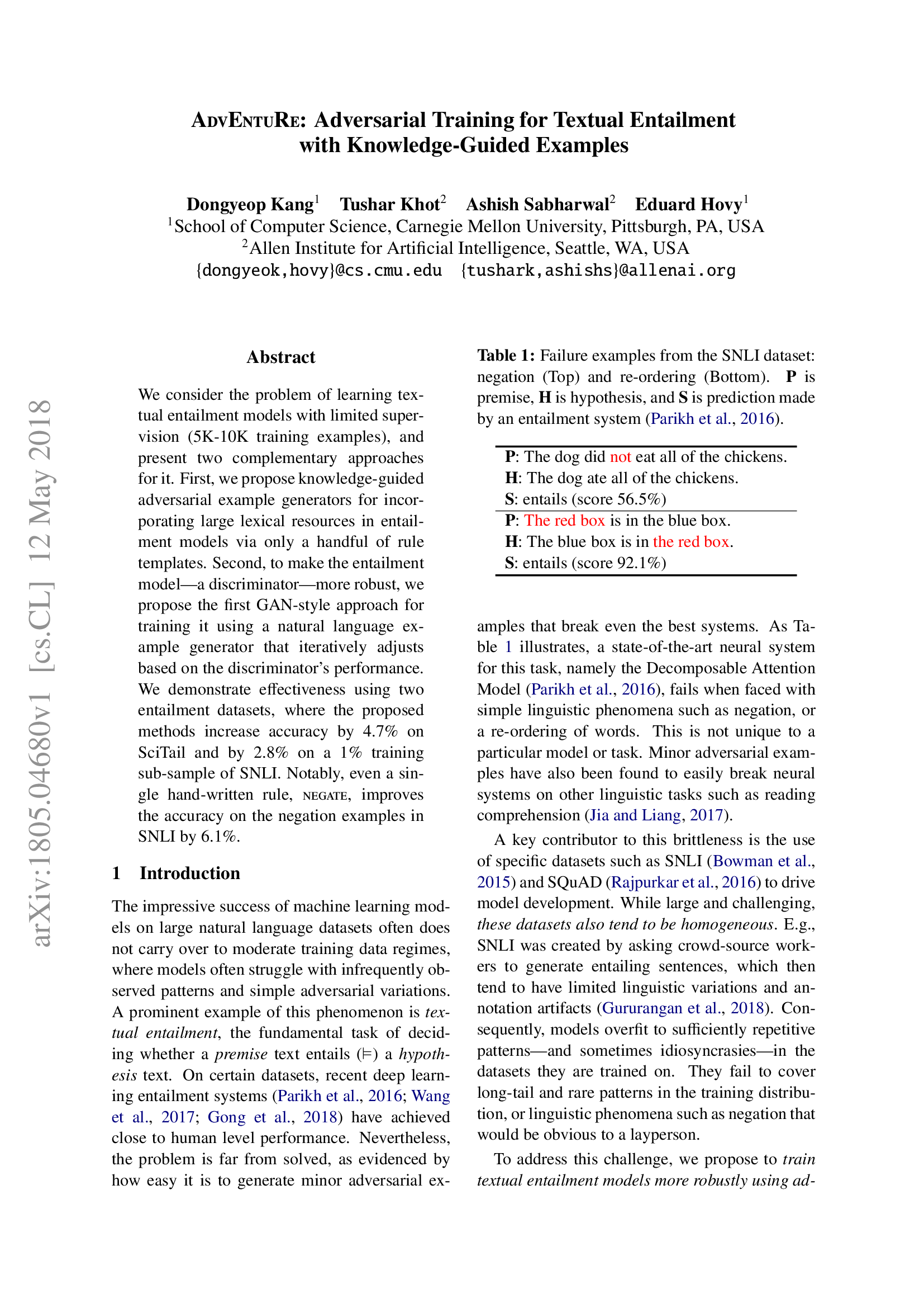 AdvEntuRe: Adversarial Training for Textual Entailment with Knowledge-Guided Examples