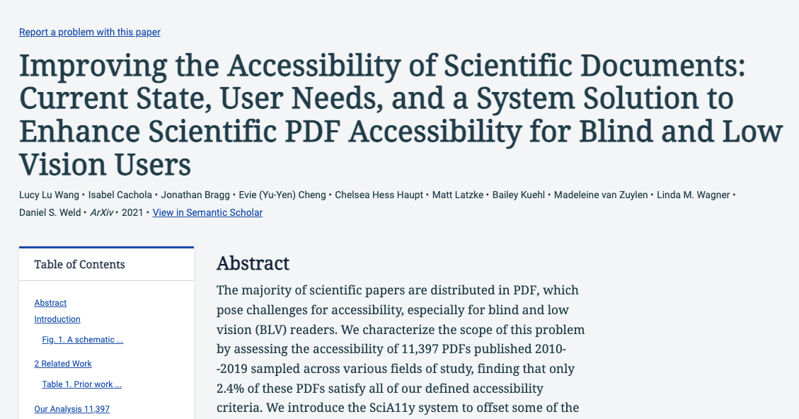 A screenshot of the first few elements in the HTML render of the paper 'Improving the Accessibility of Scientific Documents' showing the title, authors, beginning of the table of contents, and the first few sentences in the abstract.